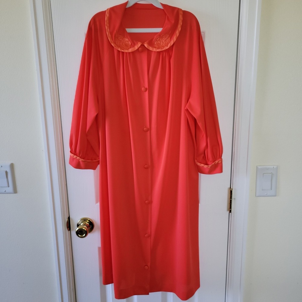 Nylon Robe Satin Trim M Orange 3/4 Sleeve Gossard Artemis Button Front Vintage